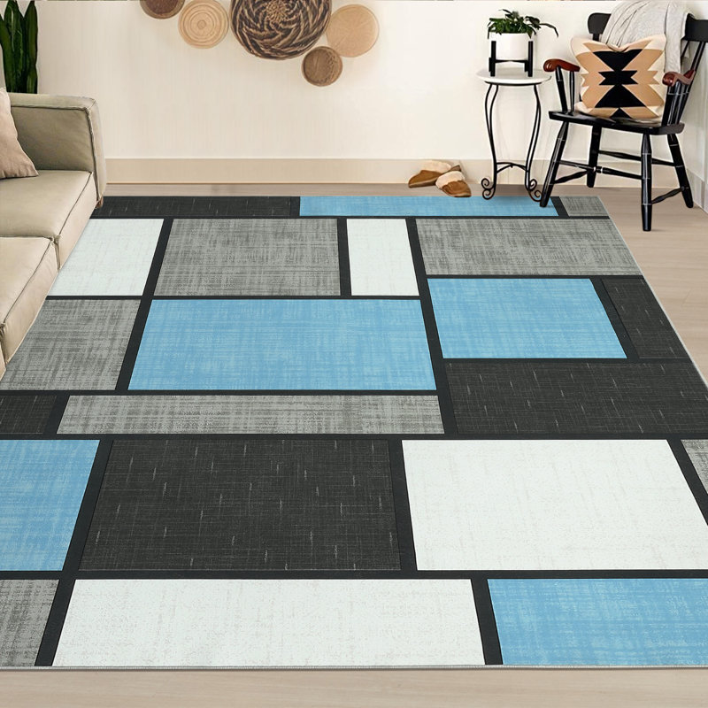 Tapis bleu délavé à motif géométrique lavable, Rectangle 5 pi x 7 pi