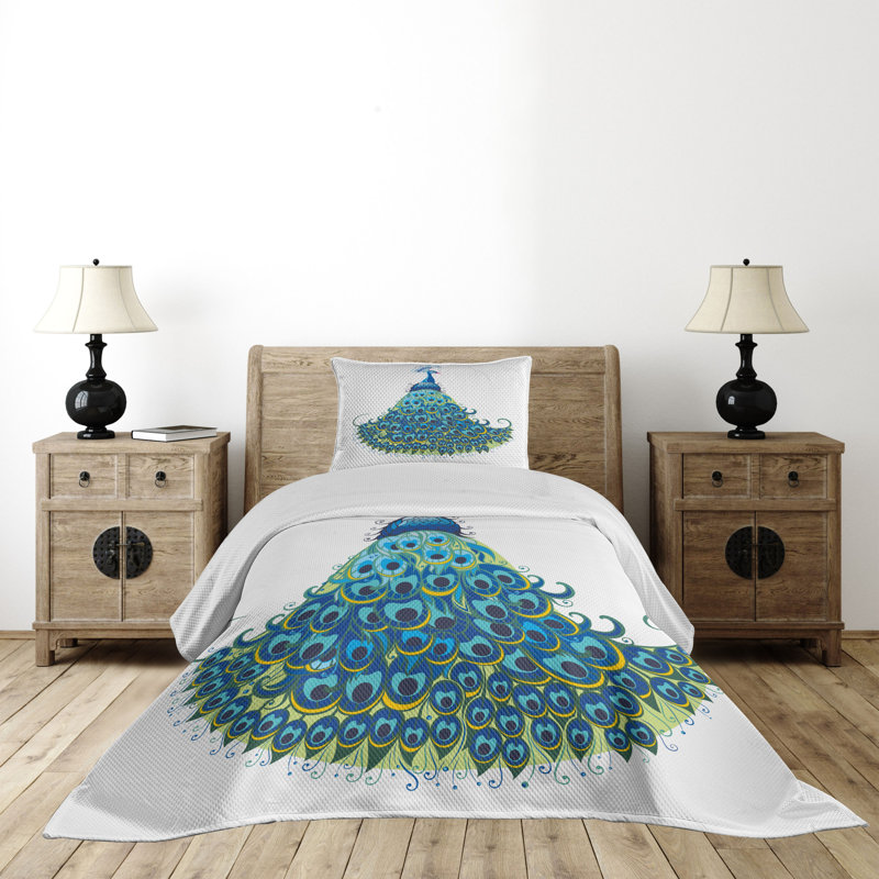 White Twin Quilted Bedspread Set with Peacock Design