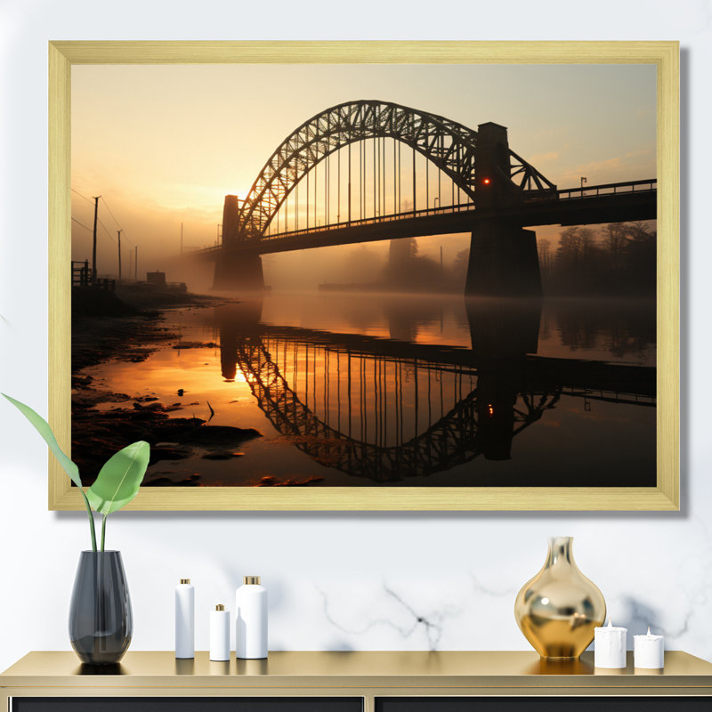 Orange Bridge At Dawn - Architecture Wall Decor, H 34 po x l 44 po x P 1,5 po, Encadrement doré