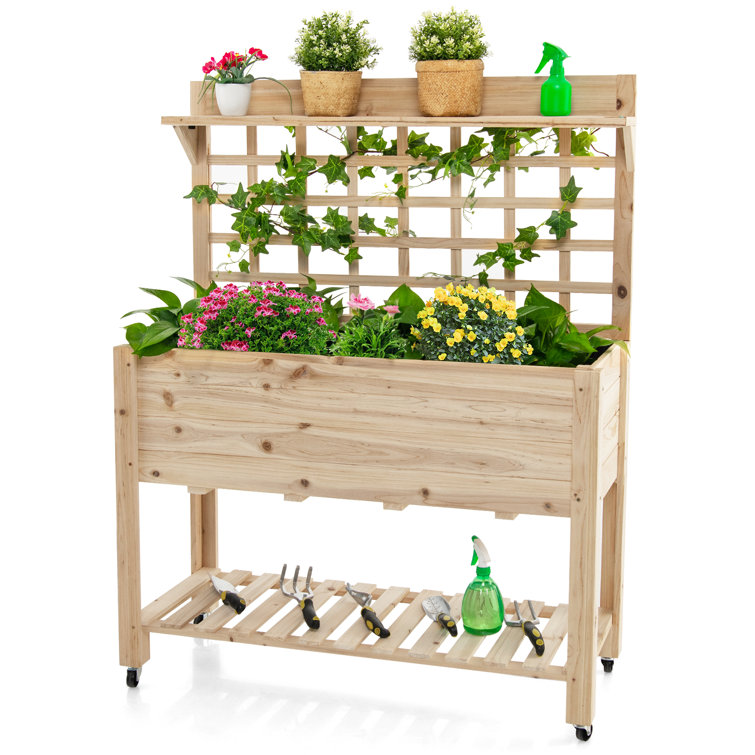 Donnie Raised Garden Bed With Trellis 41.5x16x54 Inch Mobile Elevated Planter Box With Wheels Bed Liner Top/bottom Storage Shelves