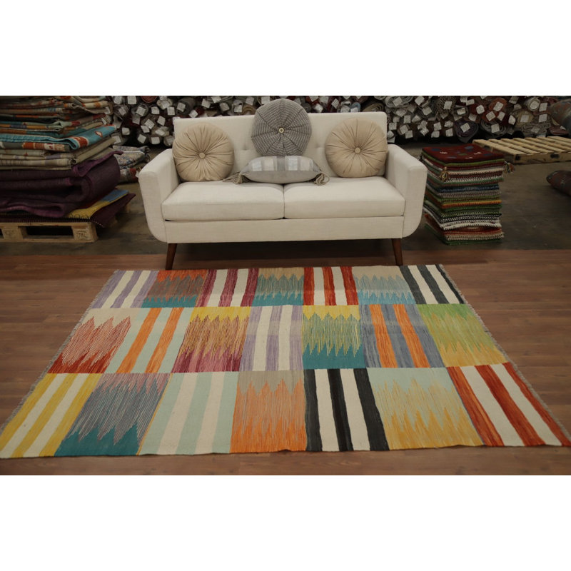 Tapis rayé à motif géométrique kilim 5 x 6