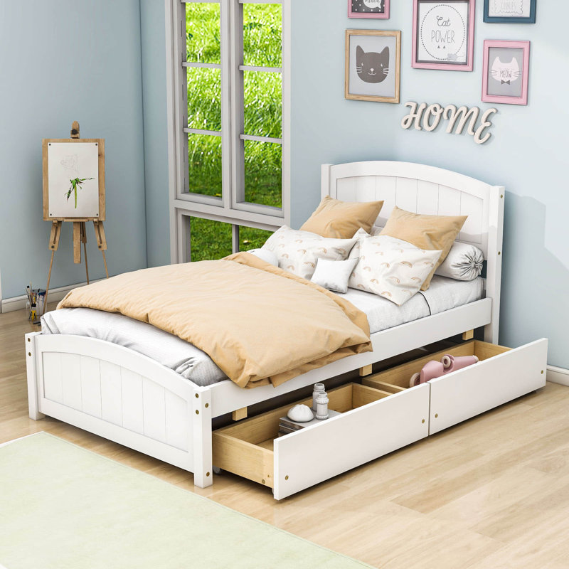 Lit plateforme simple en bois 2 tiroirs avec tête de lit, Blanc