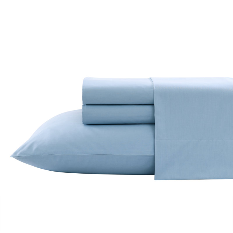 Ensemble de draps en percale de coton 200 fils Bradford, Ensemble de draps pour lit simple avec 1 taie d'or, Bleu clair uni