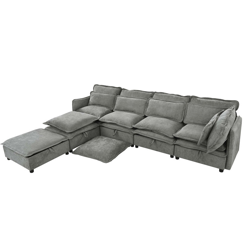 Elysara Modular Sleeper Sofa Convertible Sectional, Gray Polyester Blend, 32" H x 124.4" W x 63" D