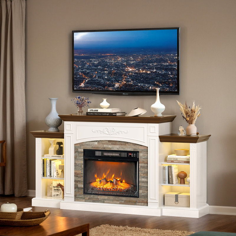 Farmhouse 70'' TV Stand For Tvs Up To 80'' With Electric Fireplace And Adjustable Shelves
