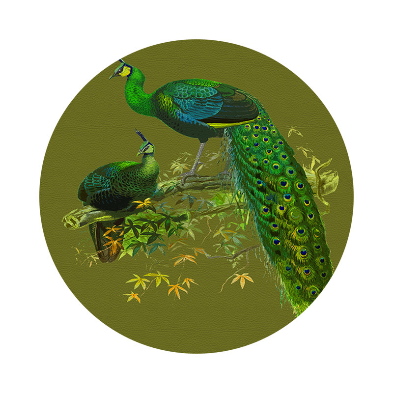 Family Pheasants Vegan Leather Round Pebble Placemat, Olive