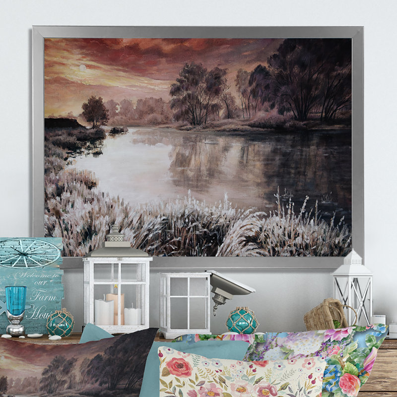 Winter River Landscape - reproduction de cadre flottant sur toile, H 24 po x l 36 po x P 1 po, Cadre photo argenté