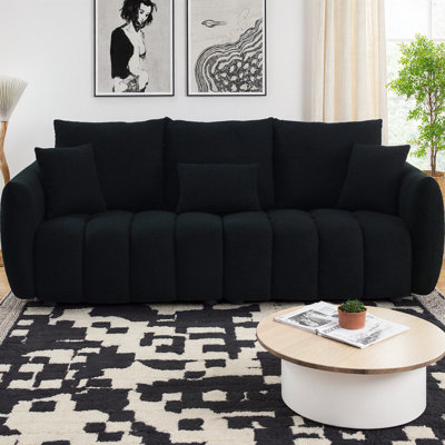 79.5" Premium Teddy Fabric Sofa, 3-Seater Couch with Solid Wood Frame, 3 Back Pillows & Cushions, Oversized Plush Upholstered Sofa for Living Room, Bedroom, Apartment