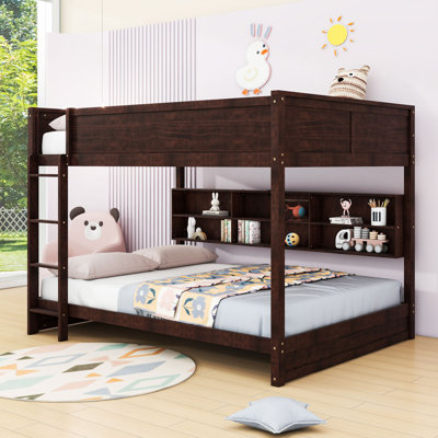 Queen Over Queen Wood Bunk Bed With Built-In Storage Shelves, USB Ports And Ladder