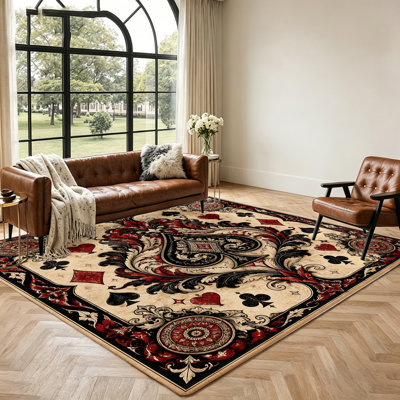 Tapis de sol luxueux à motif de cartes à jouer vintage, orné d'un damas raffiné, antidérapant, idéal pour le salon, la chambre, le bureau, la salle à manger, et bien plus encore. Décoration intérieure vintage.