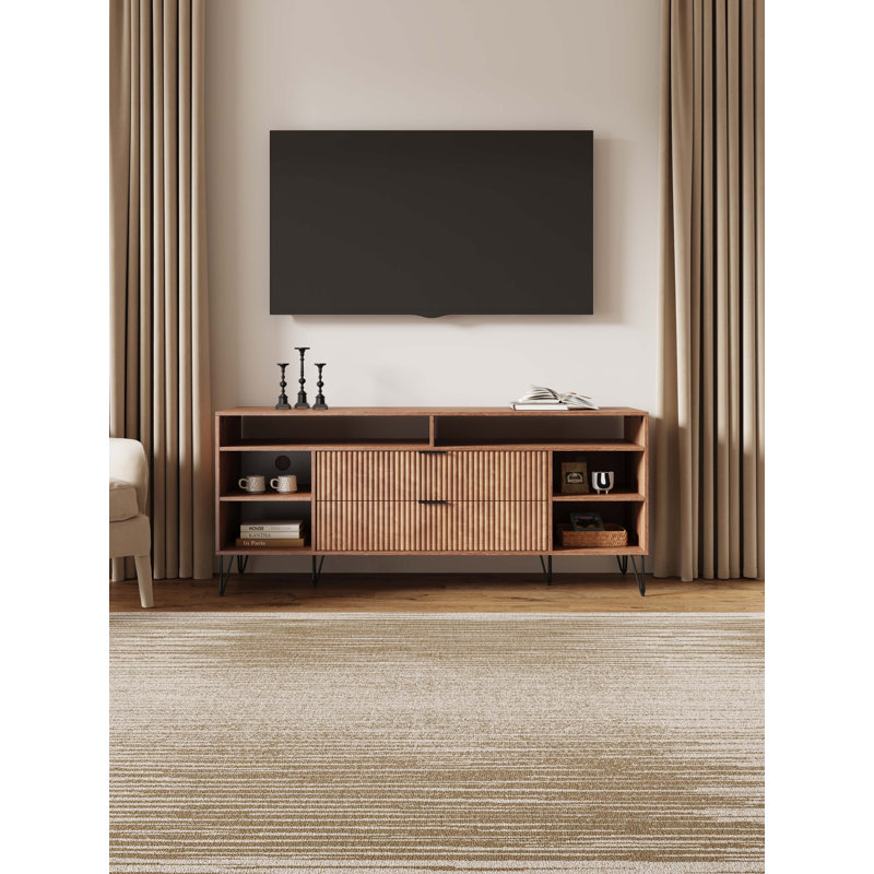 DUMBO 63" Mid-Century Modern TV Stand with 6 Shelves and 2 Drawers, Golden Brown