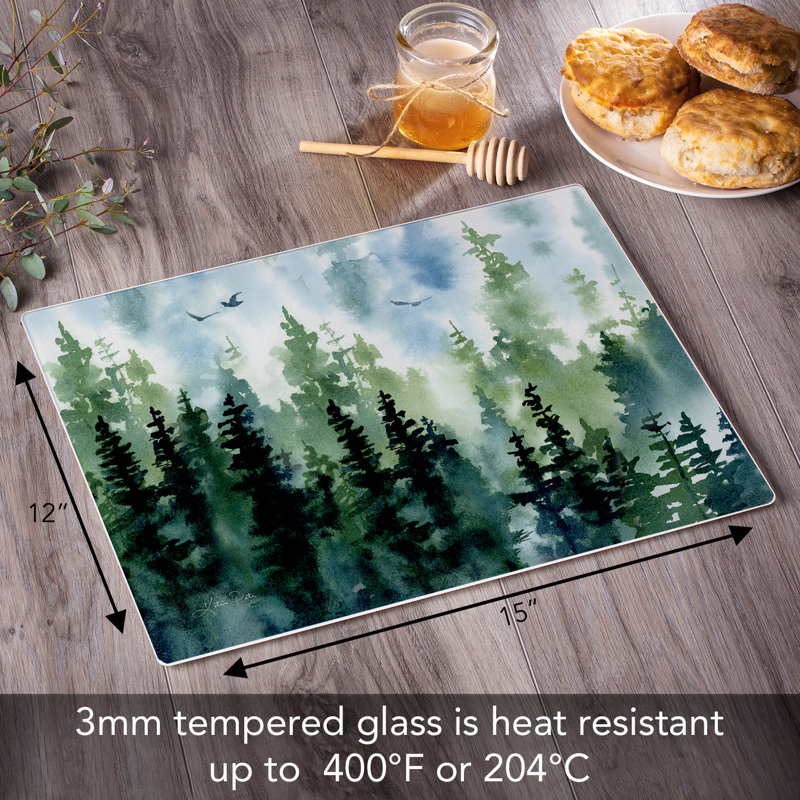Tree Line Green and Blue Tempered Glass Rectangular Cutting Board