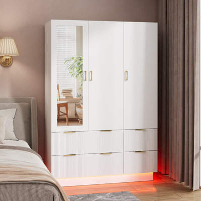 3-door Armoire Wardrobe With Mirror, Led Lights, 4 Drawers, Hanging Rod & Adjustable Shelves, Spacious Wooden Closet Storage Cabinet by Wrought Studio