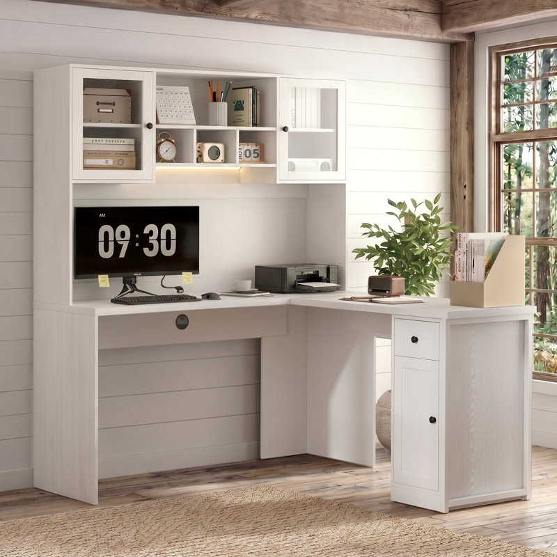 Bureau en coin 71 po avec DEL, bureau d'ordinateur blanc avec tiroirs, bureau en L réversible avec huche et armoire de rangement, bureau à domicile bricolage