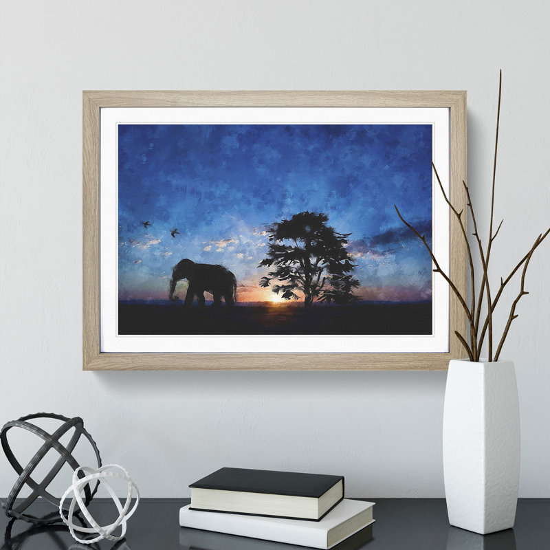 Elephant at Sunset - Framed Print, 27cm H x 36cm W x 2cm D, Oak Framed