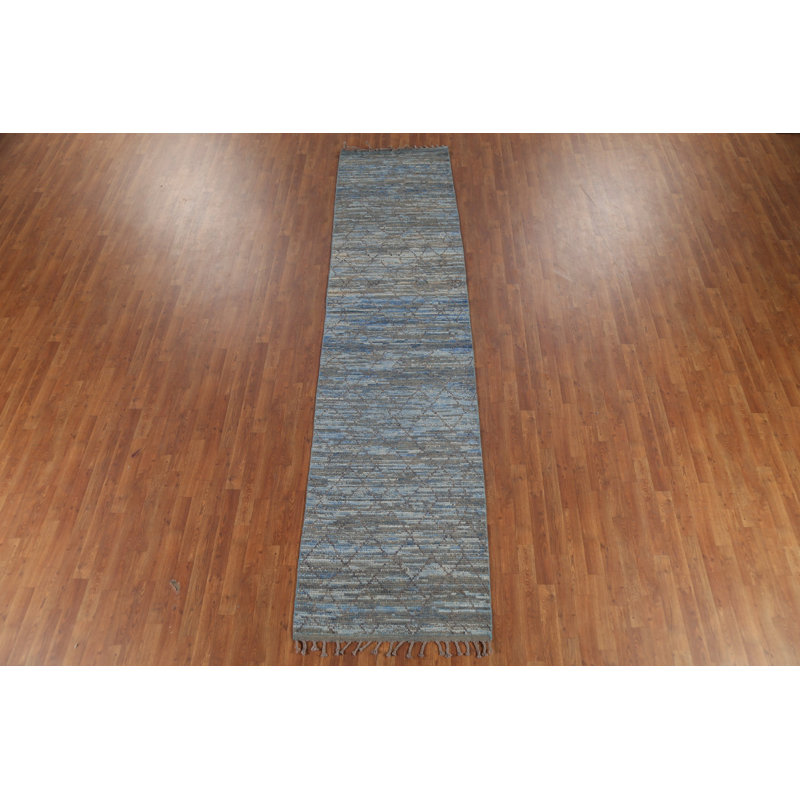 Tapis à rayures marocain rayé bleu et gris 3 x 12