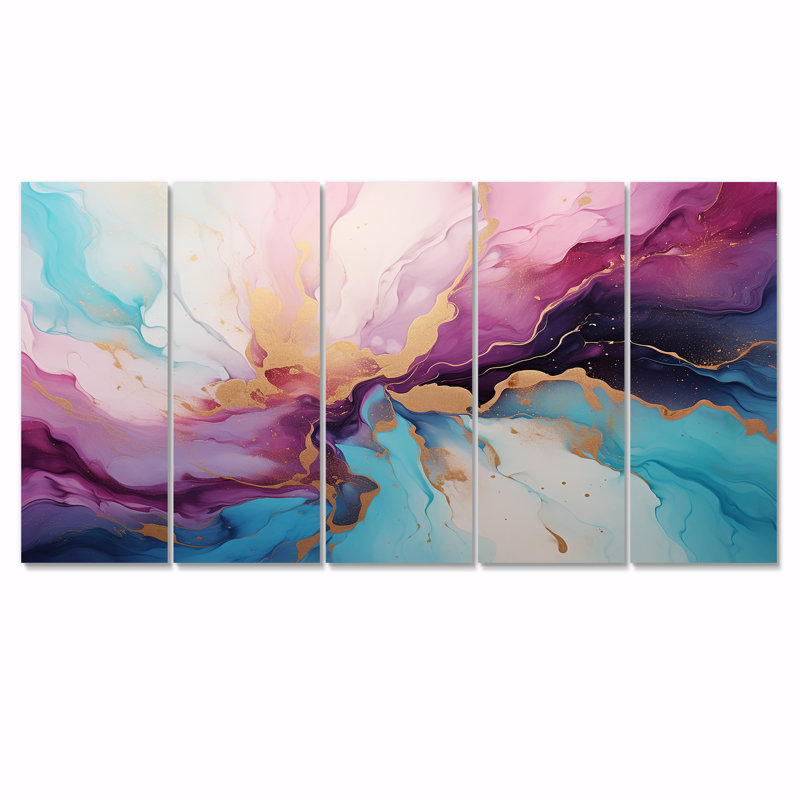 Liquid Gold Art Ink Clouds - Marble Wall Art Decor Set 5 Piece, 32" H x 80" W