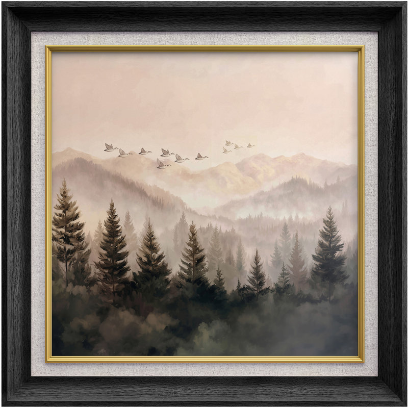 «Misty Mountain Forest with Oies in Flight», reproduction d'art sur papier encadrée, H 26 po x l 26 po x P 1,5 po