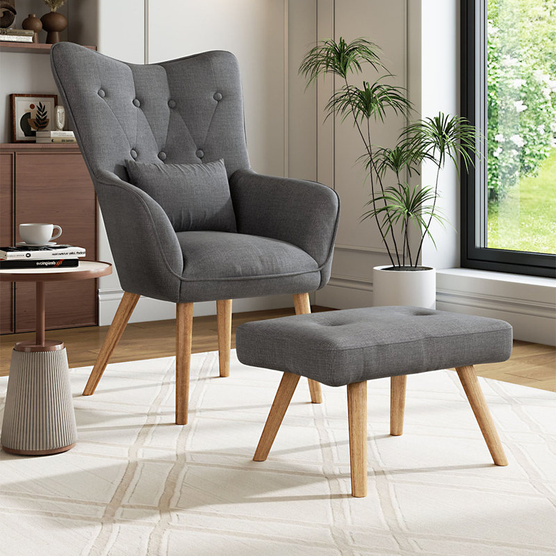 Georgia Upholstered Wingback Chair with Footstool, Grey