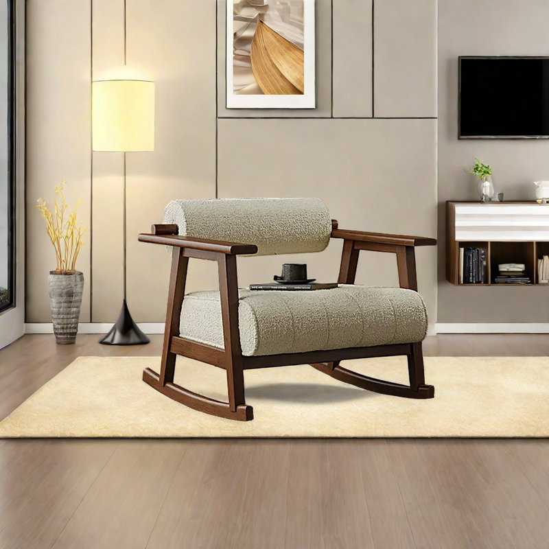 Chaise berçante antique avec accoudoirs rétro, Blanc cassé