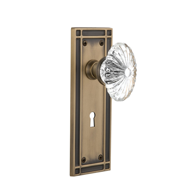 Mission Plate with Decorative Keyhole and Oval Fluted Crystal Door Knob, Antique Brass, 2-3/4”