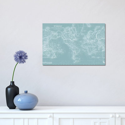 World Map on Aqua 1 Piece Wrapped Canvas Wall Art