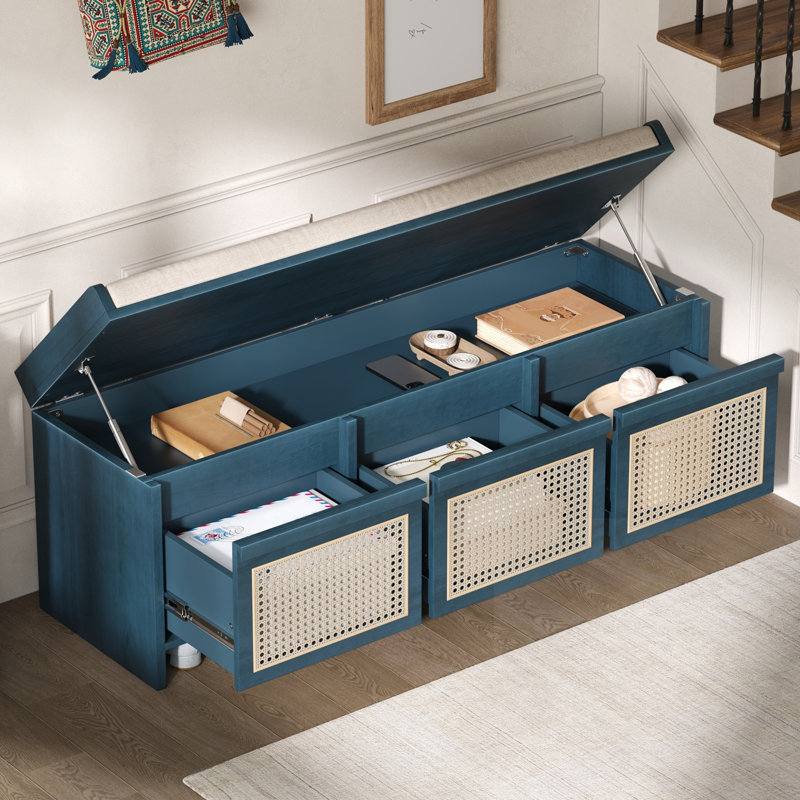 Banc de rangement rembourré avec tiroirs et coussin amovible, Antique Navy