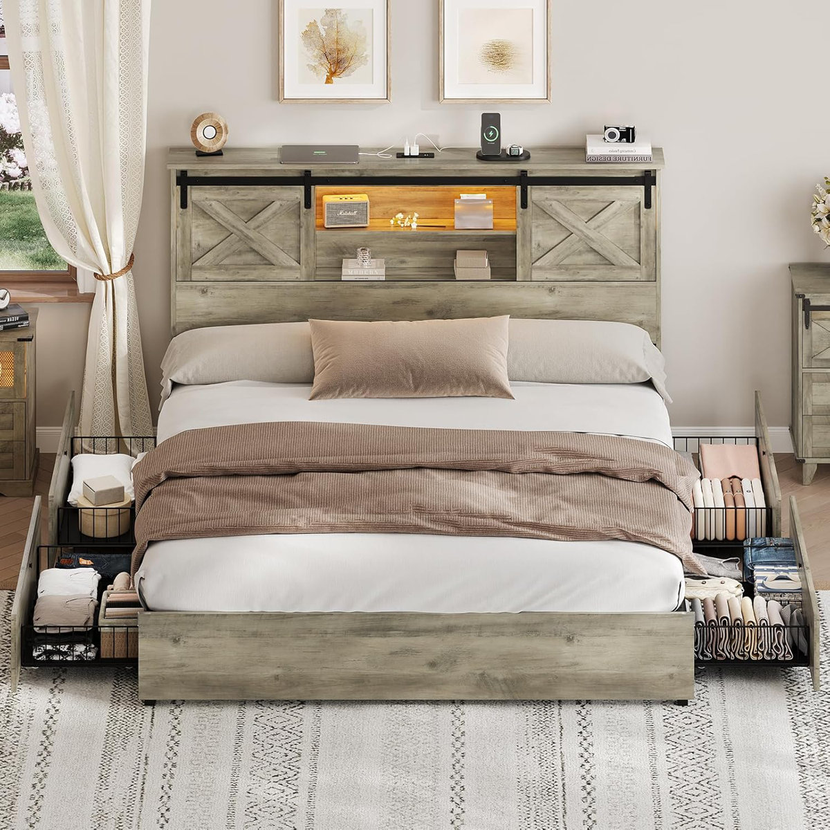Ivy Bronx Farmhouse Bed Frame With Led Lights And 4 Storage Drawers ...