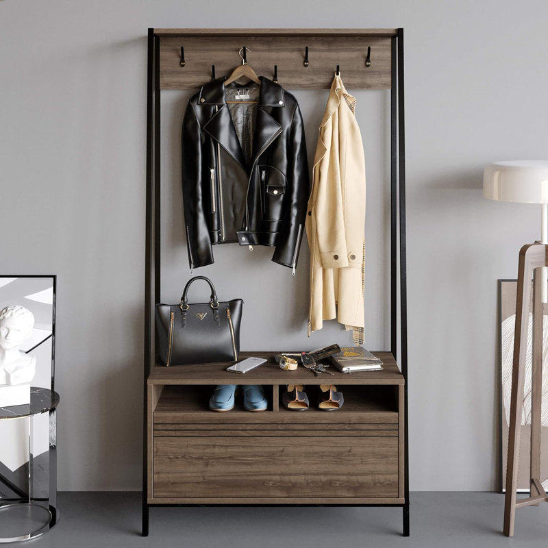 Hopewell Hall Tree with Bench and Shoe Storage, Walnut/Black