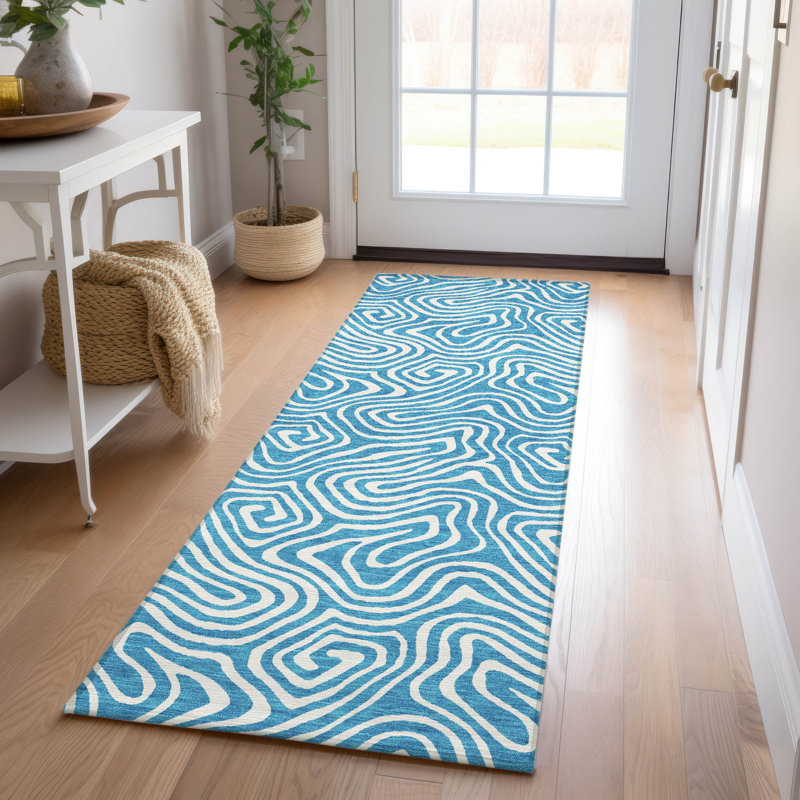 Teal Flat Woven Stain-Resistant Synthetic Runner Rug 2'3" x 7'6"