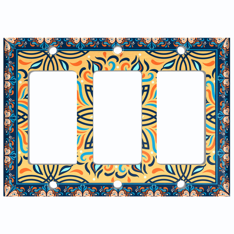 Metal Light Switch Plate Outlet Cover (Yellow Sun Flower Blue Frame   - Triple Rocker)
