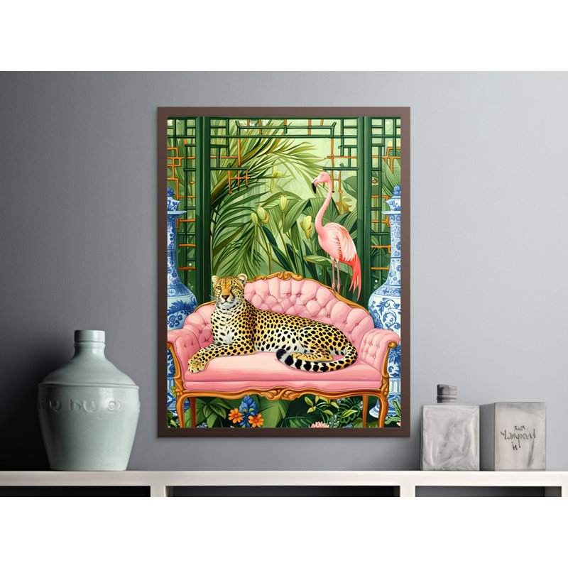 Tropical Wall Art, Leopard on Sofa, Flamingo Print, Botanical Decor, Framed Art, Multiple Sizes, Home Decor