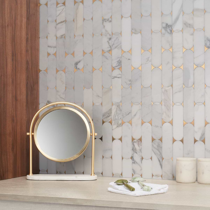Norway 2x6 Polished Marble and Pearl Waterjet Mosaic Tile, Calacatta White