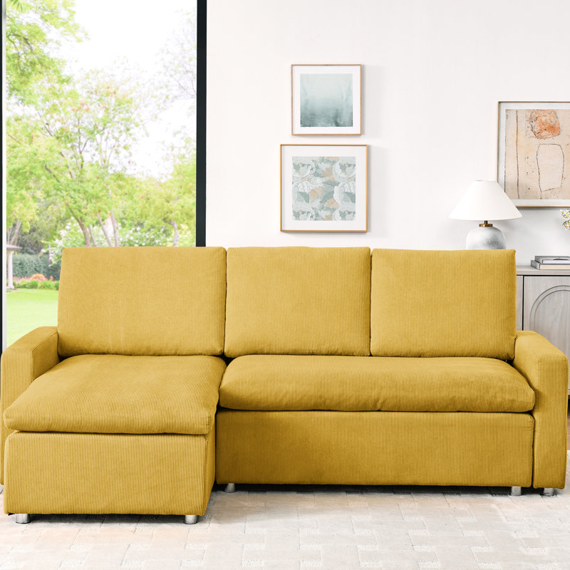 Moderne avec rangement convertible et canapé-lit en velours côtelé 90 po jaune, Jaune