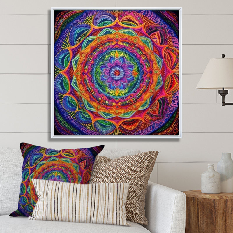 Sacred Mandala - Boho Mandala Wall Art, White Floater Framed, 16" H x 16" W x 1" D