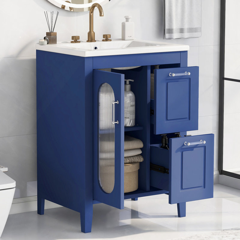 Meuble-lavabo 24 po avec lavabo, meuble-lavabo avec deux tiroirs et porte, tablette réglable, bois massif et panneau de fibres à densité moyenne