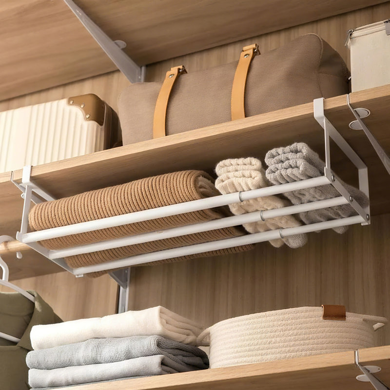 Expandable Shoe Rack, 19.69 - 35.43 Inches White Retractable Under Cabinet Shelf Hanging for Closet, Entryway, Corner, Garage, Space-Saving and Heavy Duty Metal, with 2 S-Hooks