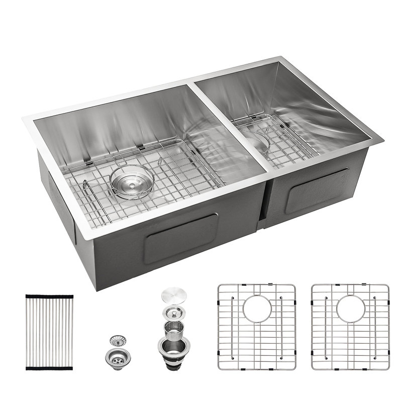 Évier de cuisine à double cuve encastrable en acier inoxydable de calibre 16 16 x 33 po (60/40) avec évier profond de 9 po