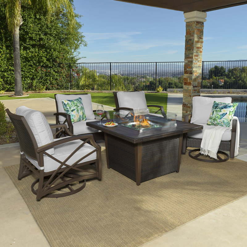 Roam 5 Piece Handwoven Rattan Outdoor Propane Gas Fire Table Set With Cushions, Gray, Brown