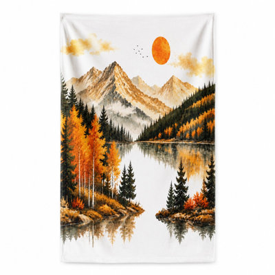 Serviette de plage 1pc, avec un paysage aquarelle vibrant avec des arbres d'automne, des forêts de pins et des sommets majestueux se reflétant dans le calme et le soleil chaud. Parfait pour les voyages et les aventures en plein air.
