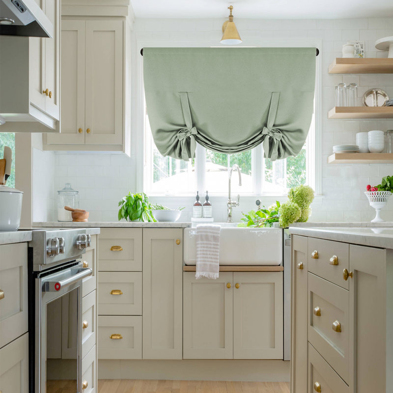 Kitchen Tie Up Curtain Thermal Insulated Tie Up Window Blind for Small Window Rod Pocket Panel, Light Sage