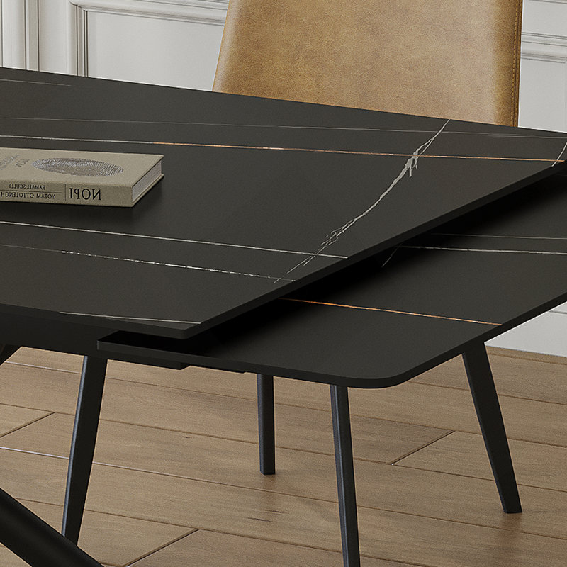 Table de salle à manger rétractable en pierre frittée, de conception rectangulaire moderne, avec des pieds en acier au carbone noir au bas, 83 pouces convenant à 6 à 8 sièges (noir)