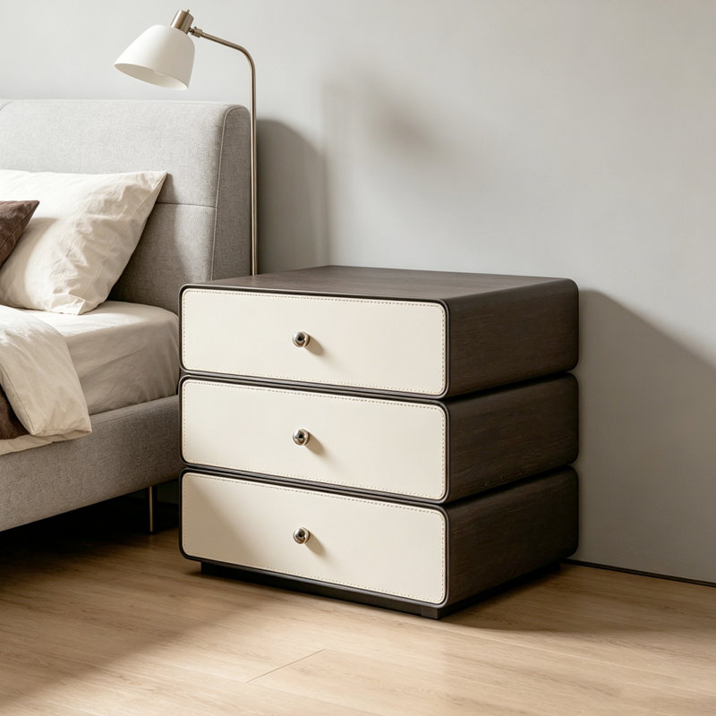 Table de chevet empilable crème, dimensions 55 cm (H) x 60 cm (L), meuble de rangement minimaliste pivotant en cuir sellier avec tiroirs à plusieurs niveaux