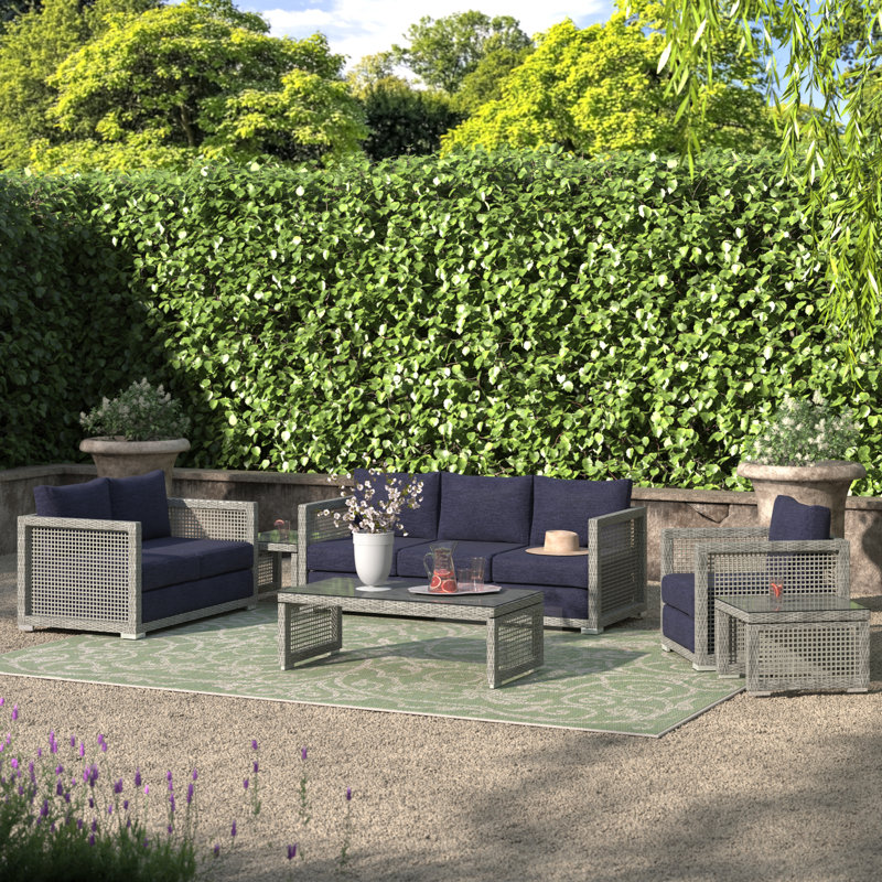 Aura 6 Piece Outdoor Patio Wicker Rattan Set, Navy