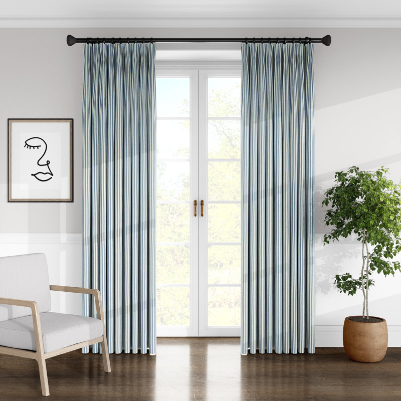 Ticking Stripe 100% Cotton Striped Room Darkening Pinch Pleat Single Curtain Panel, Indigo, 40" W x 108" L