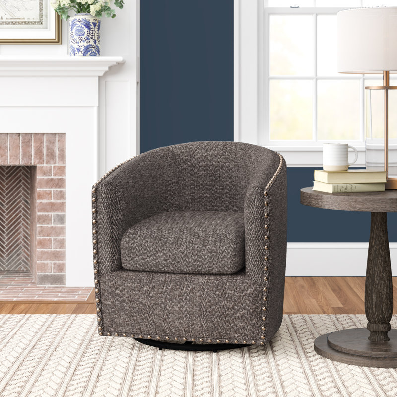 Tyler 360° Swivel Barrel Chair with Nailhead Trim, Chocolate Polyester