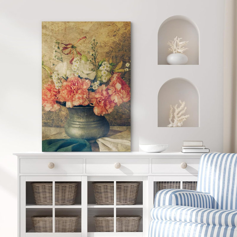 «Flower Blossom», œillets roses dans un vase, photographie de plantes rustiques multicolores sur toile, Toile tendue