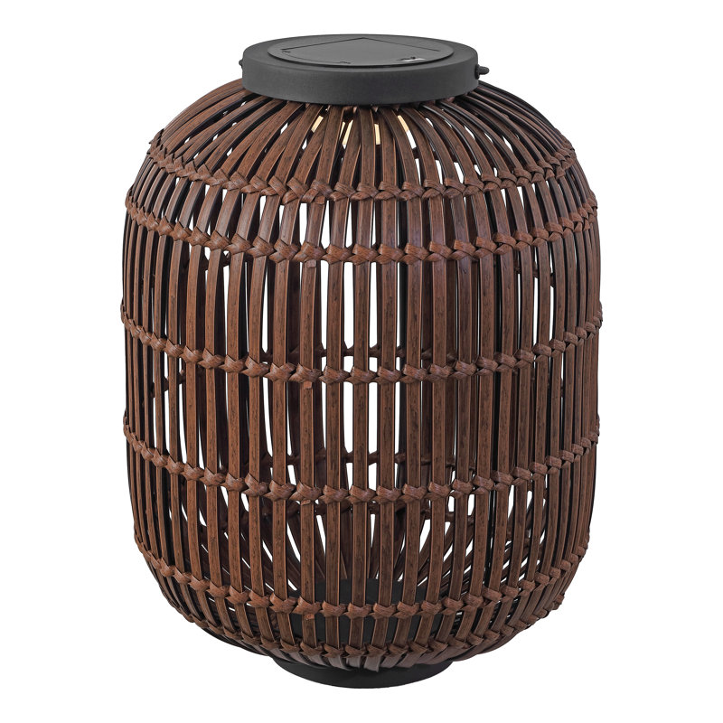 Nara 20.5" Modern Global Faux Rattan Integrated Indoor/Outdoor LED Solar Powered Lantern, Dark Brown/Black