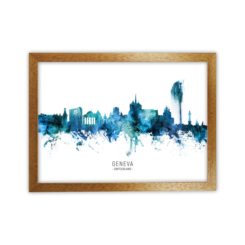 Geneva Switzerland Skyline Blue City Name by Michael Tompsett - Print, 46cm H x 63cm W x 3cm D, Oak Framed