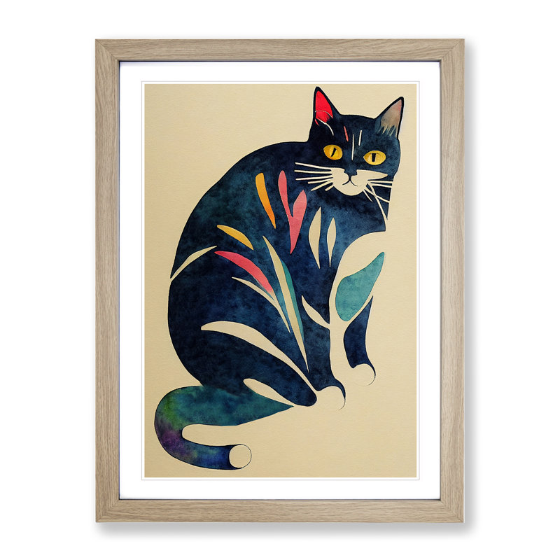 Cat Watercolour No.2 1 Piece Single Picture Frame Wall Art, 46cm H x 34cm W x 2cm D, Oak